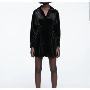 Zara Black Velvet V Neck Long Sleeve Pleated Button Front Shirt Dress Size XS